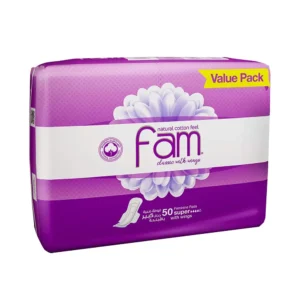 Fam Classic maxi thick sanitary pads with a natural cotton feel and super absorbent core for all-day leak protection and skin comfort.