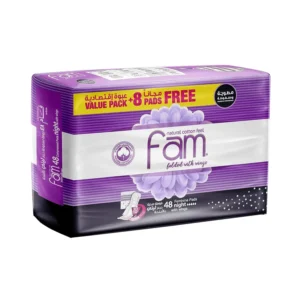 Fam Natural Cotton Feel Maxi Thick Night Sanitary Pads with wings and high absorbency protect skin from irritation and prevent leakage all night.