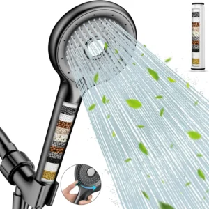 The FEELSO filtered shower head provides high pressure with six spray modes and includes two 15-stage filters to soften hard water and remove chlorine.