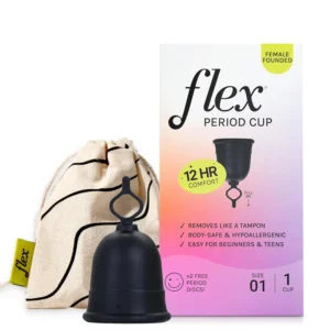 This image shows the FLEX small menstrual cup and disposable discs set, hygienically packaged and formulated with care, offering a host of goodness for comfortable period protection.