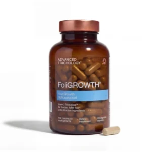 Advanced Trichology FoliGROWTH hair growth supplement, hygienically packaged and formulated with care to provide essential nutrients for healthy hair.