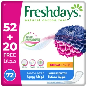 Freshdays long scented daily liners with a natural cotton feel, are soft, flexible, odorless, and breathable for all-day freshness.