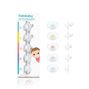 Frida Baby Pacifier Weaning System with a patented 5-step design to gradually reduce sucking satisfaction, invented by a pediatric dentist.