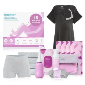 Frida Mom Hospital Kit for labor, delivery, and postpartum recovery includes peri bottle, underwear, ice maxi padsicles, witch hazel pads, healing foam, toiletry bag, and caddy.