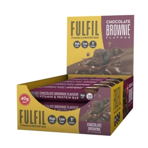 A box of Fulfil chocolate brownie protein bars, each containing 15g of protein and 9 essential vitamins, perfect as a low sugar and tasty treat.