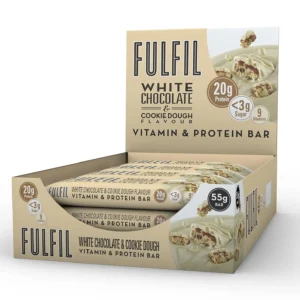 A box of FULFIL protein bars in white chocolate and cookie dough flavour, offering 20g of protein, 9 multivitamins and low sugar.