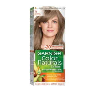 Garnier Color Naturals 7.1 Ash Blond hair color provides nourished hair with long-lasting, shiny color and 100% gray coverage using olive oil, avocado, and shea butter.