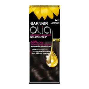 Garnier Olia 4.0 Dark Brown permanent hair dye delivers intense, shiny colour with up to 100% grey coverage and no ammonia.