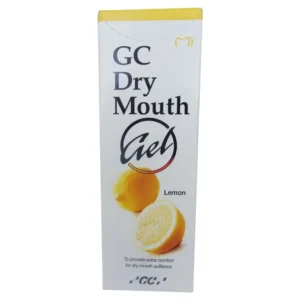 GC Dry Mouth Gel for dry mouth relief, providing a protective coating suitable for denture wearers and children, with a neutral pH and lemon flavor.