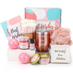 This relaxing spa gift basket for women includes a rose scented candle, bath bombs, insulated wine glass, and other pampering items, making it a perfect birthday or Mother's Day present.