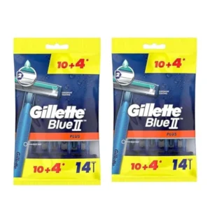 A pack of Gillette Blue II Plus disposable razors for men, featuring a Lubrastrip with aloe for a comfortable shave and a soft Ultragrip handle.