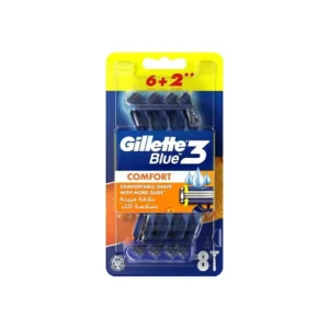 This image shows Gillette Blue3 Comfort disposable razors with a pivoting head, enhanced lubrastrip, and ultragrip handle for a smoother, comfortable shave.