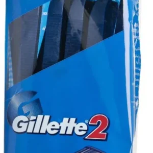 A package of ten Gillette 2 disposable razors featuring twin platinum-coated blades and a fixed head for a close, comfortable shave.