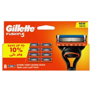Eight Gillette Fusion5 razor blade refills with 5 anti-friction blades for a close and long-lasting shave, a larger lubrastrip for smooth gliding, and a back styling blade for edging and styling.