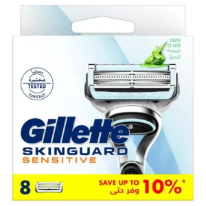 Eight Gillette Skinguard Sensitive blade refills featuring a unique guard to minimize skin contact and provide lubrication for sensitive skin.