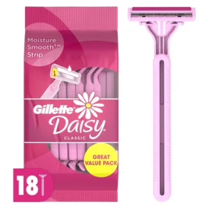 This image shows a pack of 18 Gillette Venus Daisy disposable razors featuring 2 thin blades for comfort, a lubricating strip for a smooth shave, a fixed head, and a comfortable grip handle designed for secure hair removal.