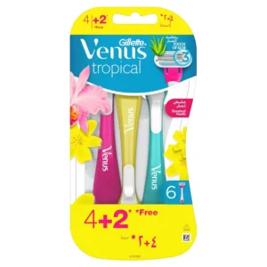 This image shows a pack of six Gillette Venus Tropical disposable razors for women, featuring colorful, tropical-scented handles and three blades for a smooth shave.