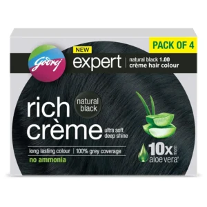 Godrej Expert Rich Crème Natural Black hair color provides 100% grey coverage with long lasting shine, enriched with Aloe Vera and Milk Protein for soft, ammonia-free hair.