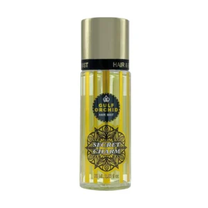 Gulf Orchid Secret Charm hair mist, a 75 ml hair perfume with notes of peach, apricot, pear, sandalwood, jasmine, vanilla, cedar, and musk.