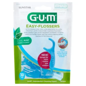 A pack of 30 Gum Easy Flossers designed for easy and effective plaque removal between teeth and below the gumline with its shred-resistant monofilament floss.