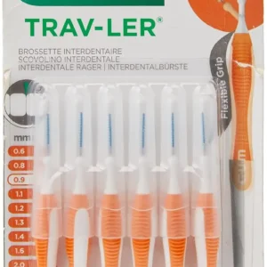 The Gum Trav-Ler interdental brush features an ergonomic handle and antibacterial bristles for effective plaque removal and gentle cleaning between teeth, even for those with implants or orthodontics.