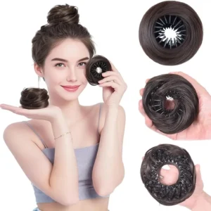 Dark brown hair bun extension with stretchy ring and claw clip creating a fluffy and elegant updo.
