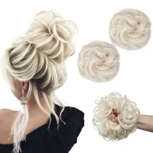 This image showcases a platinum blonde messy hair bun scrunchy that adds volume and style to any updo, perfect for weddings, parties, or everyday wear.