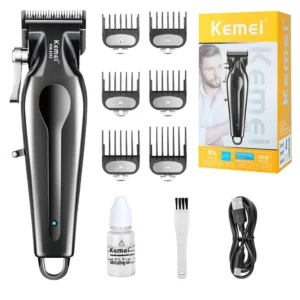 KEMEI cordless hair clippers for men with adjustable blade, multiple guide combs, smart LED display, and USB charging.