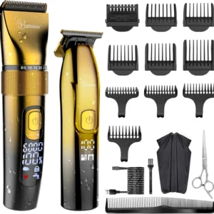 This professional gold hair clipper and T-blade trimmer kit offers adjustable blades, multiple guide combs, and a smart digital display for easy speed control and cordless operation for haircutting and beard grooming.