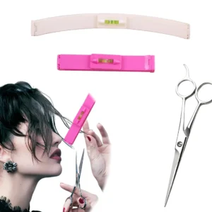 This hair cutting aid clip set includes a styling ruler and scissors for easy DIY haircuts at home, perfect for achieving even bangs and layered styles for the whole family.