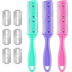 This hair cutting comb set includes three thinning combs in green, purple, and pink, plus ten replacement razor blades for easy and precise at-home haircuts and styling.