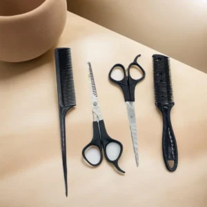 This image shows a complete four-piece hair cutting kit including hair cutting shears, thinning shears, a styling comb, perfect for women and men's hairstyling needs.