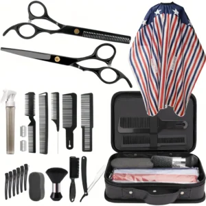 This 22-piece professional hair cutting kit includes hairdressing scissors, a barber cape, combs, and a convenient barber bag for salon, home, or barber use.
