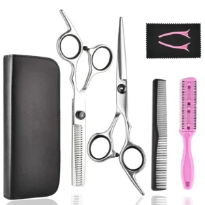 This 7-piece professional hair cutting kit includes sharp stainless steel barber shears, thinning shears, and accessories in a leather case for styling men, women, and pets.