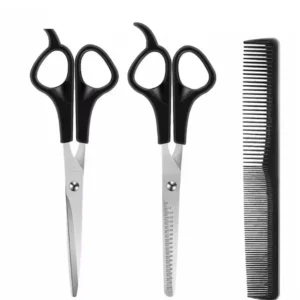 This image showcases a three-piece hair cutting scissors kit for professional barber and salon use.