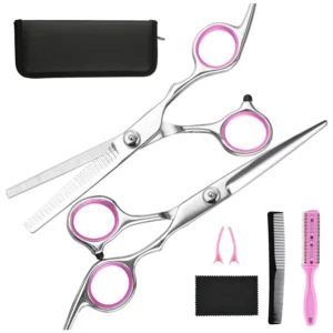 This seven-piece hair cutting kit includes professional barber shears, thinning shears, and haircut accessories in a leather case for styling hair for women, men, and pets.