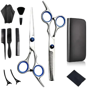 This 11-piece professional hairdressing scissor set includes haircutting and thinning shears, clips, combs, and a barber cape for salon or home use.