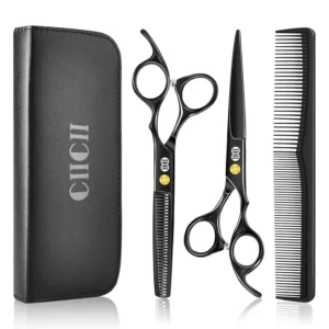 This hair cutting scissors set includes thinning shears and grooming tools for professional-looking haircuts at home, the salon, or for your pets.