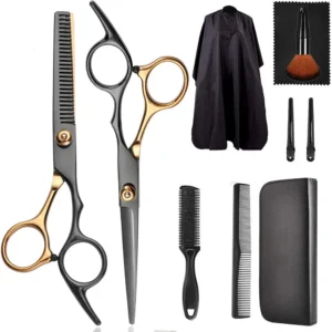 This professional 10 piece hair cutting scissors set includes sharp Japanese stainless steel haircutting and thinning shears, salon cape, comb, clips and other accessories for barbers, salons, and home use.
