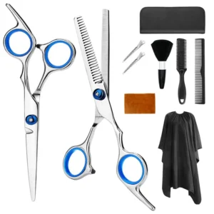 This professional hair cutting scissors set includes thinning shears, a hair razor comb, clips, and a barber cape, perfect for home or salon use for women, men, and kids.