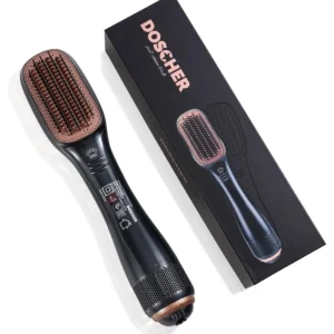 The 2 in 1 hair dryer and straightener brush features ceramic and ionic technology for smooth, shiny, and frizz-free hair, with adjustable heat and speed settings.