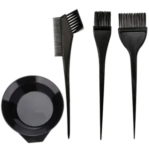 This 4-piece hair coloring set includes a mixing bowl, large and small brushes, and a comb-brush, perfect for salon or at-home hair dyeing.