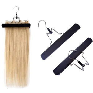 This wooden hair extension hanger features strong anti-slip stickers to securely hold and protect your clip in extensions, wigs, or hair bundles, keeping them tangle-free and in perfect condition.