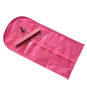 Pink non-woven hair extension storage bag with clear plastic window and wooden hanger protects and organizes your wig while preventing dust, moisture, and tangling.