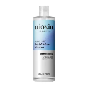 Nioxin hair fall defense shampoo activates hair follicles to reduce hair loss, improve hair anchorage, and provide stronger, healthier, and fuller-looking hair while being free of parabens and sulfates.