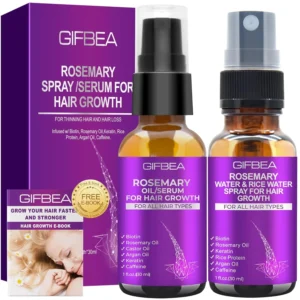 This hair growth set with rosemary oil and rice water spray, infused with biotin, castor oil, argan oil, caffeine, and keratin, is designed to reduce hair loss and restore dry, damaged hair, promoting regrowth for both women and men.