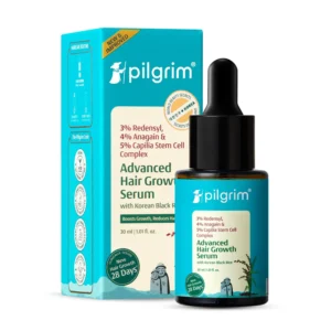 Pilgrim Redensyl hair growth serum with Anagain and Baicapil promotes thicker, denser, and stronger hair for all hair types, addressing thinning and stimulating regrowth.