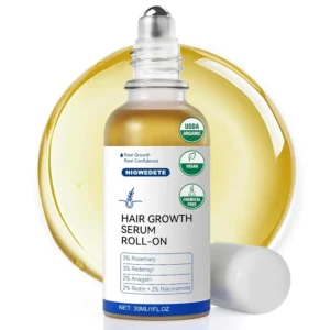 This hair growth serum roll on with redensyl and rosemary oil stimulates hair follicles to reduce thinning and promote thicker, healthier hair for both men and women.