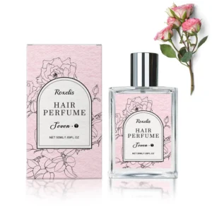 A bottle of hair perfume for women with sweet rose scent, featuring castor oil and vitamin E, designed to hydrate and nourish hair while leaving a long-lasting floral fragrance.