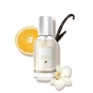 Hair perfume mist with vanilla scent that nourishes, hydrates, and adds shine for healthy and luminous locks.